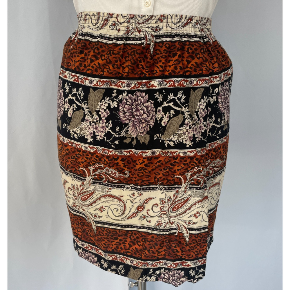 Vintage Mini Skirt Size 14 Black Brown Mix Print Cheetah Floral Boho Pull On 90s - Picture 1 of 16